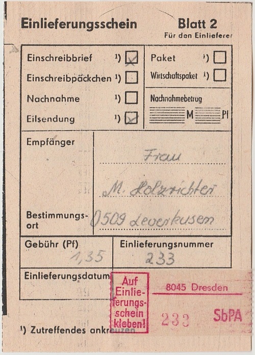 zugehöriger Einlieferungsschein zugehöriger Einlieferungsschein